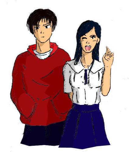 Sublimated Pair - Sublimation or the root word, sublimate, in psychoanalytic theory, means divert or modify (an instinctual impulse) into a culturally higher or socially more acceptable activity.  This pair was made due to the absence of its actuality. The guy wears a red jacket with hodd that contrasts the blue skirt of the girl's uniform, supposedly of a UST AB student uniform. The expression is also of contrast emotions between the pair. This image is also one of the first submissions I gave in my deviantart account.