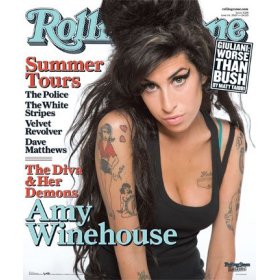 Amy Winehouse - Amy Winehouse, (seen here on the cover of Rolling Stones magazine) winner of 5 Grammys for songs from her album Back to Black, did not appear at the 2008 Grammys because of a visa denial by the US Embassy in London.