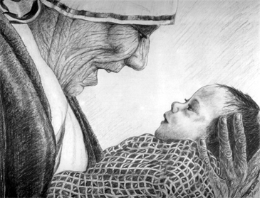 compassion - Mother Teresa and baby girl sketch. A sketch of compassion.