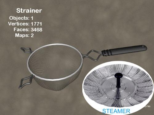 Strainer and a Steamer - Strainer with handle - can be found in different sizes and very cheap at dollar stores.  Steamer - found by the kitchen gadgets usually not too expensive either.
