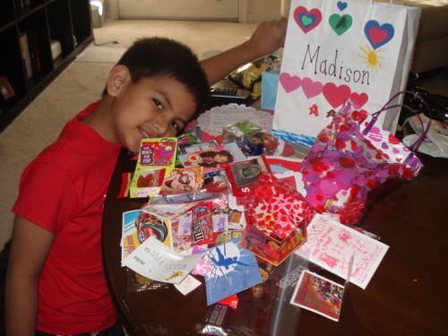 Lots of Valentines - Maddy and his valentines from his class.