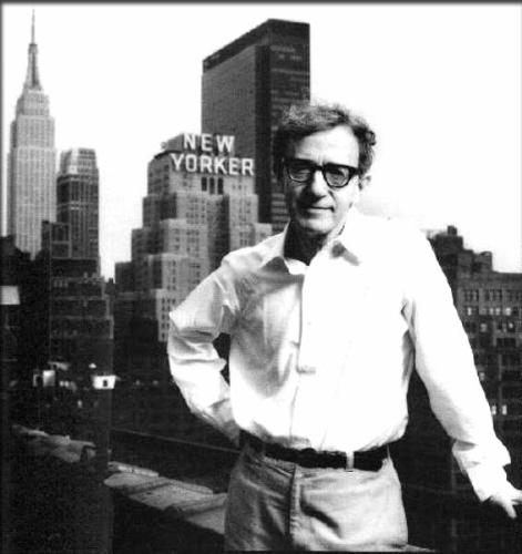 Woody Allen - Woody Allen posing in front of The New Yorker building.