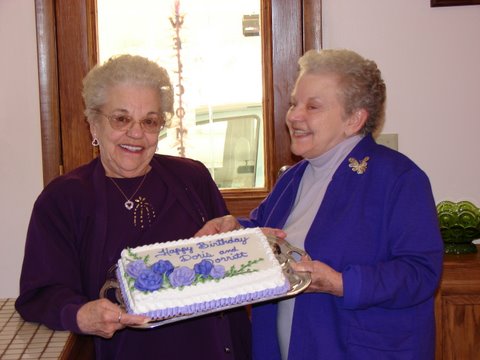 My mom and her twin on their birthday. - That's my aunt Dorritt on the left and my mom, Doris on the right.