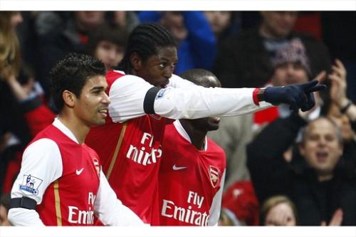 Dudu and Adebayor - Adebayor celebrating his goal with Eduardo da Silva (Dudu)