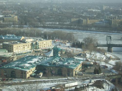 View of The Forks in Winnipeg - The Forks is a favorite gathering place all year around...but especially so in the summer months. This photo shows The Forks from an aerial view from the Hotel Fort Garry in the winter.