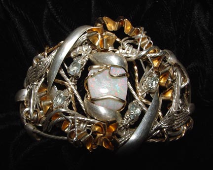 Opal in 14kt Gold Wire Wrap Bracelet - 5.6ct Cooper Pedy Opal and Aquamarines in Sterling Silver wire wrap bracelet.