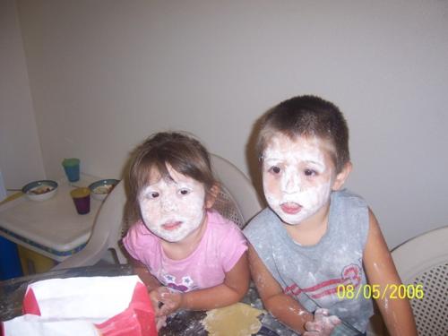 Baking - My kids + baking= this. flour on their face