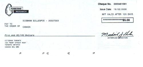 Pinecone Research Cheque #1 - This was my first cheque from Pinecone research!