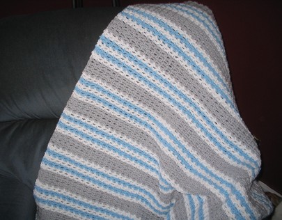 Blue/Gray/White Baby Blanket - 
This is the latest baby blanket I&#039;ve completed. It measures 39W x 41L, so its a good size for a baby blanket, even suitable for a toddler.

All of my items are for sale, so contact me if interested.