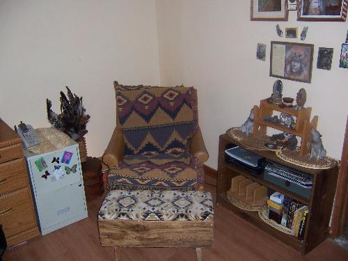 This is where I 'plop' - This is my favorite 'plopping' place in the whole house. This big comfy chair sits to the right of my desk in my office. When I want to take a break with a big mug of steaming green tea I sit here with feet up and say 'Ahhhhhh!' Plop time...big time!