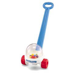 Fisher Price Popcorn Popper -  Since 1957, kids haven't been able to resist the popping action of this push toy! Balls strike the inside of the plastic dome when Corn Popper is pushed along.