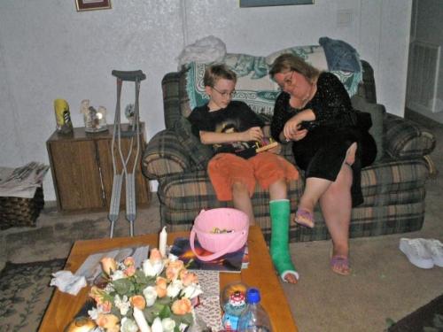 My  Son Paul and My best friend Poppy - Easter time and a broken ankle. Working together at easter.