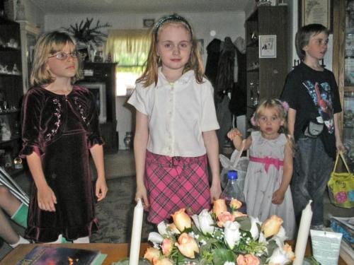 We can't start hunting Yet??????  - Heather, Dana, Corey and Adri waiting to begin the easter egg hunt.