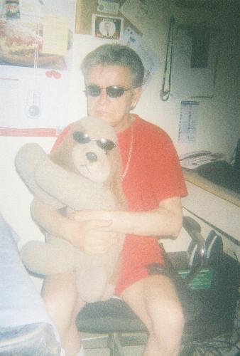 Two Cool Studmuffins In Chains & Shades - This is Russell and his remarkable stuffed dog, Rascal wearing matching shades and gold chains. Aren't they adorable!?!
