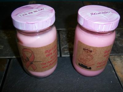 8oz. Breast Cancer Candles - Scents Available on the Candles Are:  Amaretto Espresso Banana Berry Smoothie Beach Bum Cherry Amaretto Cherry Vanilla Swirl Cotton Candy DIVA! Electric Watermelon Tini Grandma's Kitchen Hawaiin Cake Lick Me All Over Melonade Pink Lemonade Pink Sugar Raspberry Zinger Strawberry Shortcake Sweet Berry Delight Sweet Pea(YC type) Tuitty Fruitty Tropical Blast Whoop~De~Do Petals of Spring Watermelon