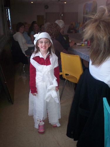 child bride - my daughter in her toylet paper wedding dress and toylet paper bouquet