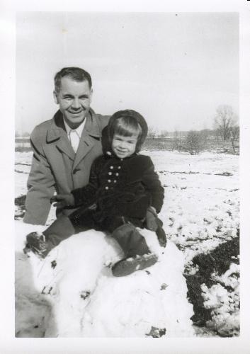 Snowy Day With Daddy & Me - This picture--taken early in 1955 shortly after I turned two--is one of my favorites of my dad and me! Doesn't he look like a movie star!?!