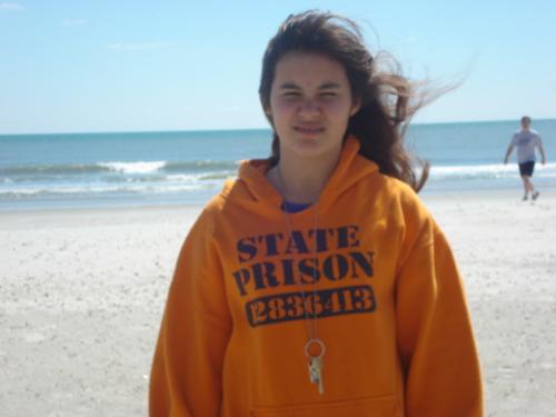 My daughter on the lam at Myrtle Beach - We thought it was funny that she was wearing her old sweat shirt that says State Prison, I told her she was on the lam! hhah!