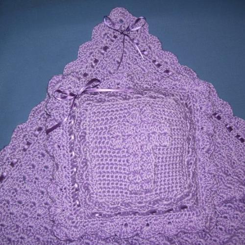 Baby Afghan & Pillow - Crocheting is relaxing for me and this purple baby afghan and pillow were very relaxing for me to work on. Crocheted using mainly a shell stitch each are trimmed in satin ribbon.