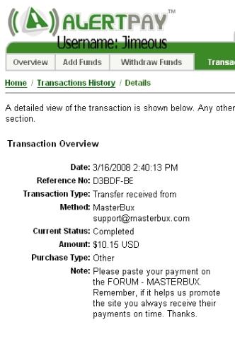 MasterBux Payment Proof - This is a Payment Proof from MasterBux for $10.15