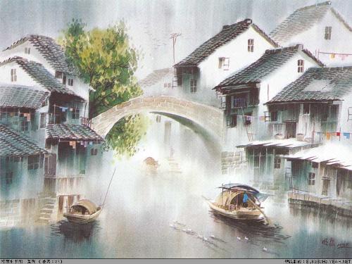 my hometown - this photo is my hometown ,a very beautiful small town. you see a small bridge over the flowing stream ,two boats approaching slowly from the horizon