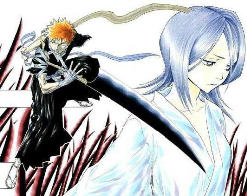 Bleach's Ichigo and Rukia - Bleach (Burichi?, romanized as BLEACH in Japan) is an ongoing manga series authored by Tite Kubo that has appeared in Weekly Shonen Jump magazine since August 2001.  Bleach follows the adventures of Kurosaki Ichigo, a high school student with the ability to see ghosts, and Kuchiki Rukia, a shinigami (Soul Reaper or, literally, 'death god'). The early parts of the story focus mainly on the characters. As events unfold, the story begins to delve deeper into the world of these gods of death.  The manga series has been adapted into an animated television series, two OVAs, two animated feature films, a rock musical, numerous video games and a TCG (Trading Card Game). Compilation volumes of the manga have sold over 40 million copies in Japan, and have reached the top of manga sales charts in the United States. The manga received the Shogakukan Manga Award in 2005, and the anime has been nominated for several American Anime Awards.   - answers.com