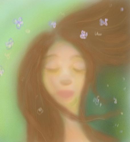 face with flower petals - a woman with flower petals blowing by her face