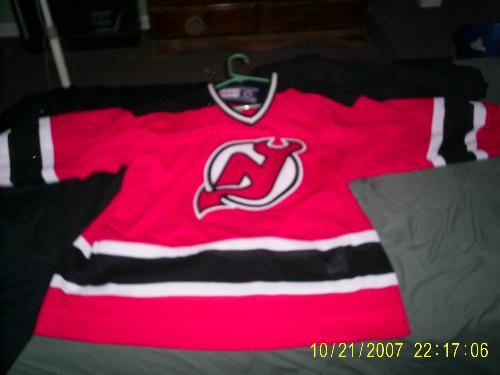 Jakester's personalized team jersey - Here is Jakester's uniform! It is the personalized NEW JERSEY DEVILS jersey with No. 17 and his last name on back. On front, here is the Devils team emblem.