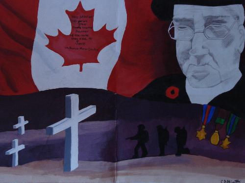 Remeberance Day Poster - I made this poster two years ago when I was in grade ten. I won fifty dollars, and received a couple certificates. I can second in the third division. I do not like to paint people, and often sketch. I was very afraid to use colour. I roughly sketched it and started to paint the flag, the rich red colours got me comfortable, but in the end, I chose not to tint/paint the portrait of the veteran.