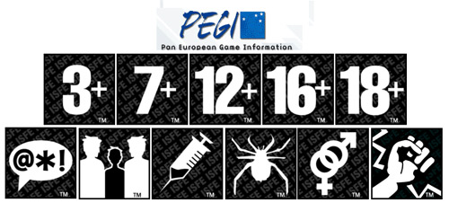 PEGI Symbols - PEGI uses them to let buyers know what they're about to experience in the game and what is the age limit.