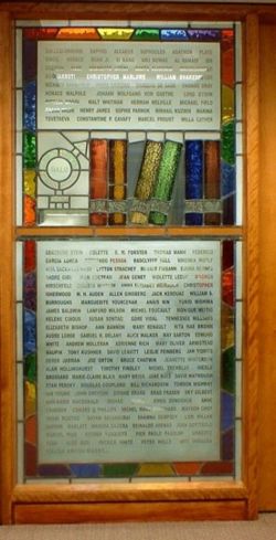 Pride Library Stained Glass - The front of the D.B. Weldon Library&#039;s Pride Library at the University of Western Ontario is decorated with a beautiful stained-glass window. The window, designed and constructed by London, Ontario artist Lynette Richards, consists of the Pride Library logo amid a list of some of history&#039;s most influential homo-, bi-, and trans-sexual authors. The Pride Library logo contains a series of shelved books, coloured with the spectrum of the rainbow, supported by the logo of the now disbanded HALO (Homophile Association of London Ontario), which has made significant contributions to the Pride Library.