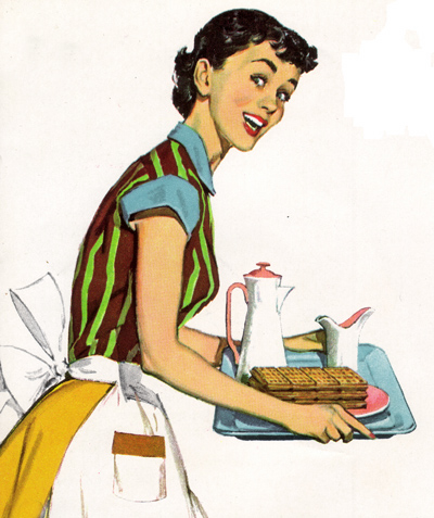 Housewife - The quinticessential housewife, cooking, cleaning, an at home Mom who does everything with a smile. Definitely NOT today's version, who works, cooks, cleans takes care of the family, and has to find time for herself as well.
