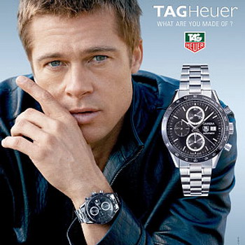 Do you prefer digital or analog watches? - A picture of an advertisement of Brad Pitt and Tag Heuer watch. Photo source: http://www.fashionhause.com/images/tahmain003.jpg .