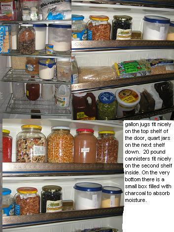 storage jars - how we utilized the broken freezer, dry goods storage. on the door shelves you will spy many glass jars I use to store dried beans and other goods.