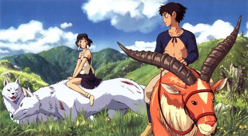 San and Ashitaka - This is a picture of San, known as Princess Mononoke, and Ashitaka, the soon to be leader of the tribe. He is riding an elk, while she is on a wolf. They are seeing each other trying to come to an agreement.