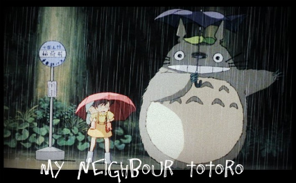 Totoro - This picture is of when Mei and Satsuki are waiting for their dad to get back from work with his umbrella. Totoro approaches with only a leave on his head, but "discovers" when Satsuki gives him the umbrella, that he has conquered rain.