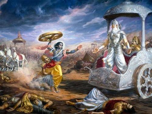 Krishna & Bhishma - Krishna, to save Arjuna, lifts the wheel to kill Bhishma.