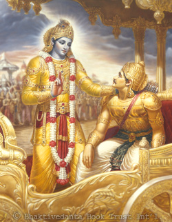 Krishna as teacher - Krishna teaches wisdom to Arjuna at Kurushetra