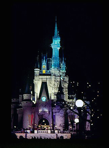 Night shot of Cinderella's Castle in Disneyworld - image of Disneyworld