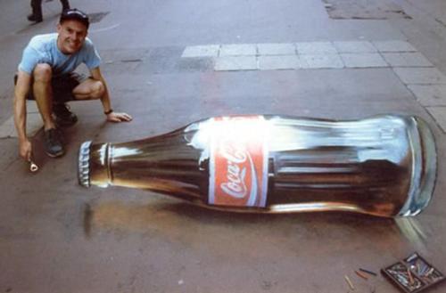 Chalk Drawing  - Julian Beever drawing of Coke bottle on pavement