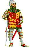 Audley Warrior circa 1322 - Audley man at arms wearing the distinctive red and gold fretty colours of the Audley barons