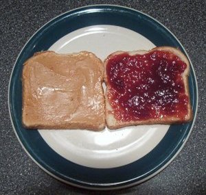 peanut butter and jelly sandwich - peanut butter on one slice, jelly on the other slice, then put them together.
