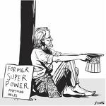 Our Long overdue check - Picture of guy sitting on corner against pole with hat out collecting change and poster against him titled 'Former Super Power' Our Long overdue check - Picture of guy sitting on corner against pole with hat out collecting change and poster against him titled 'Former Super Power'
