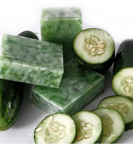 Cold Processed Cucumber Herbal Soap  - Clean, fresh, delicious, soothing - you&#039;ll even be tempted to eat it! Loaded with Real Cucumber, this wonderfully luxurious soap combines the therapeutic properties of cucumber and the nourishing effects of virgin coconut oil. 