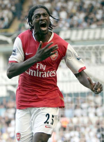 My Arsenal player of the season - Adebayor - Adebayor celebrating after scoring a goal this season in the Premier League, he has scored a total of 30 goals so far this season. Very good player