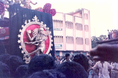 Natraj - This is not a clay model but a live human who has painted his body to look like a Natraj (Dancing Shiva). He maintained his posture as long as I was around. Clicked in Trichur, Kerala India during Onam celebrations in 1988/89