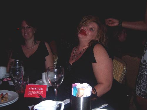 goofy girl at banquet - Mindy, at the Slumber Parties banquet in April. Mindy has an awesome sense of humor and with these fake lips, she was SURE to get some laughs!
