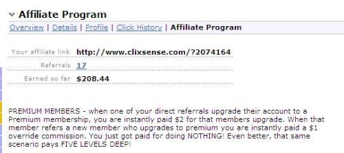 ClixSense Affiliate Program stats - This is a screenshot of my affiliate earnings with ClixSense. This is in addition to my personal click earnings which is higher than free members since we get the premium ads every day of our upgrade.