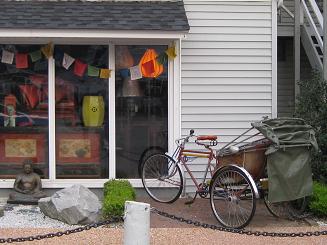 Parked - Unique bike parked at a shop