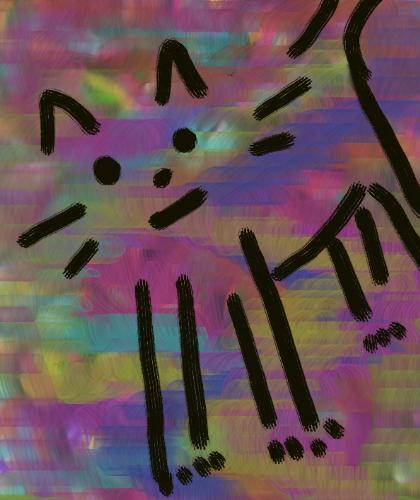 The drawing in question - I thought it was just a quick sketch of a cat on a colorful background. Do you recognize the cat in the drawing?